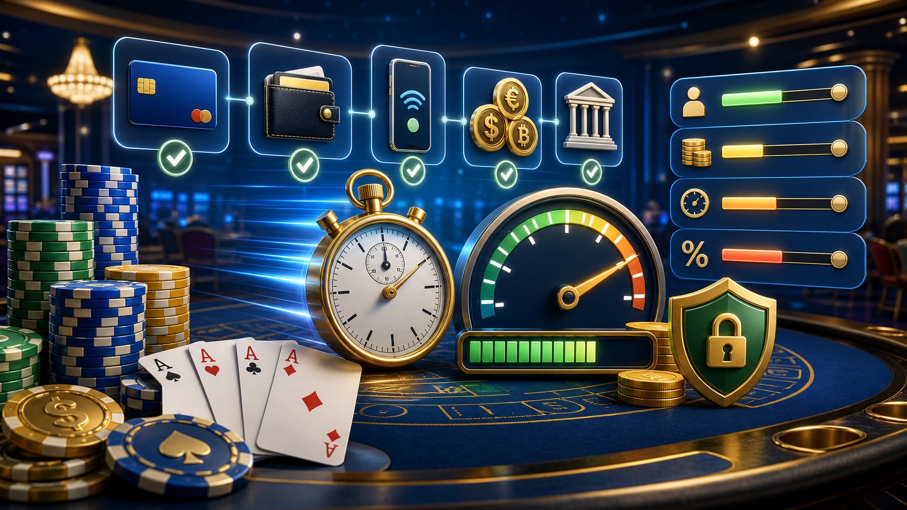 Illustration Showing A Casino Scene With Poker Chips, Playing Cards, And Digital Payment Icons Alongside Symbols Of Speed And Security Like A Stopwatch And Locks.