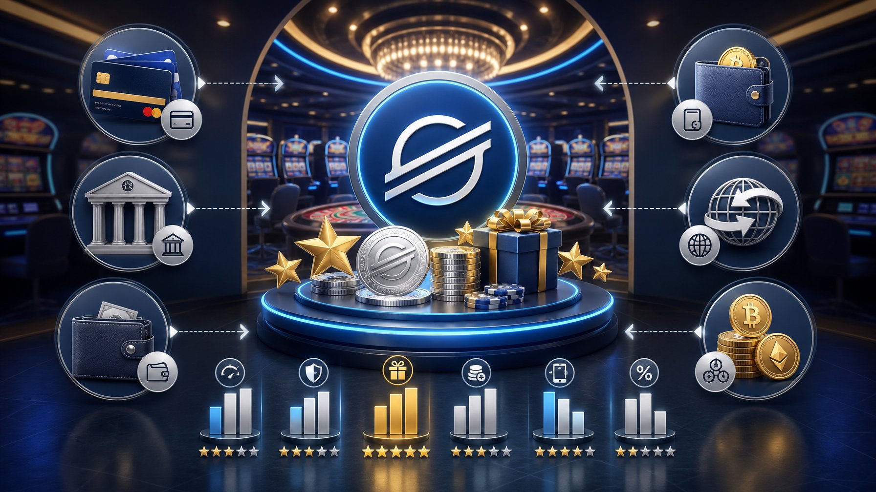 A Modern Casino Scene Showing Digital Payment Icons And Various Payment Methods Arranged To Compare Bonus Rules, Featuring Coins And Bonus Symbols.