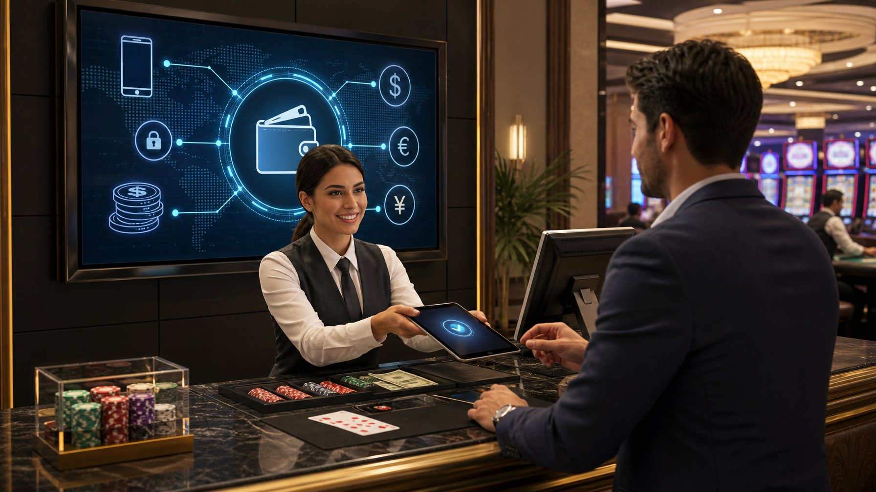 A Casino Cashier Assisting A Customer With A Digital Payment Transaction At A Modern Cashier Counter.