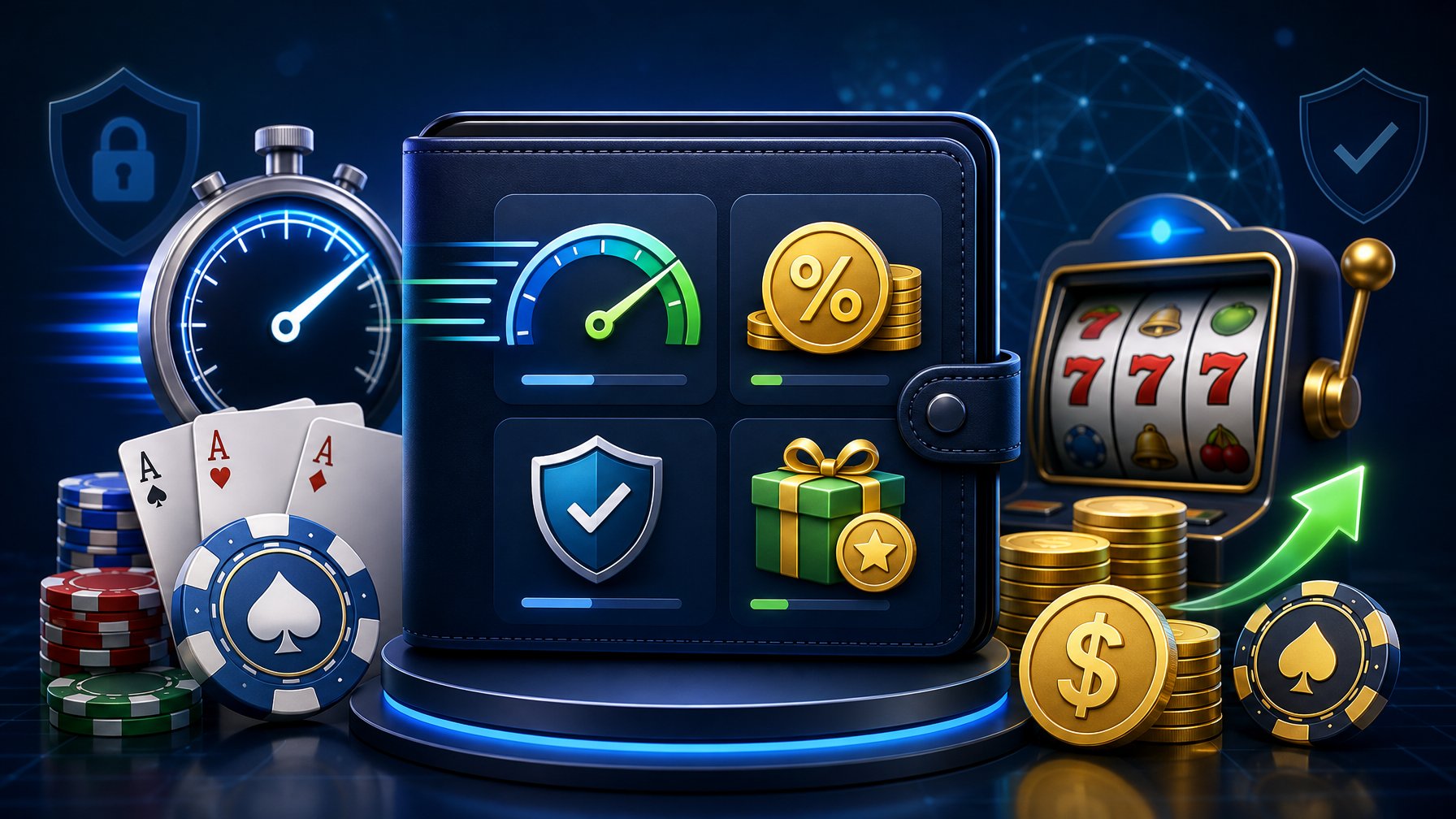 A Digital Wallet Surrounded By Casino Elements Like Poker Chips And Playing Cards, With Icons Representing Fast Transactions, Fees, Limits, And Bonuses.