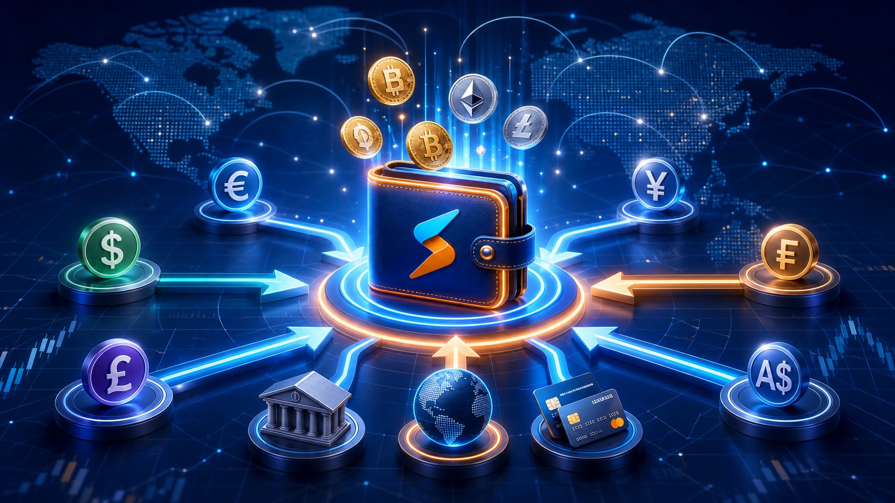 A Digital Wallet Connected By Arrows To Various Currency Symbols And Global Funding Routes, Illustrating Secure And Diverse Payment Methods.