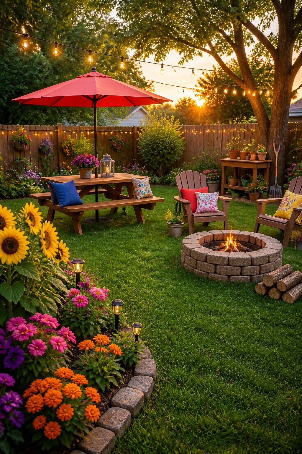 A backyard with green grass, colorful flowers, a wooden picnic table with an umbrella, string lights overhead, and a small stone fire pit.