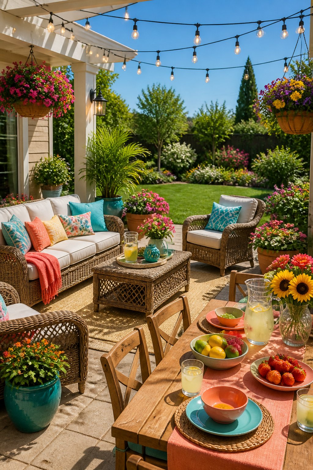 A sunny outdoor patio with wicker furniture, colorful cushions, potted plants, string lights, and a wooden dining table set for a summer meal.