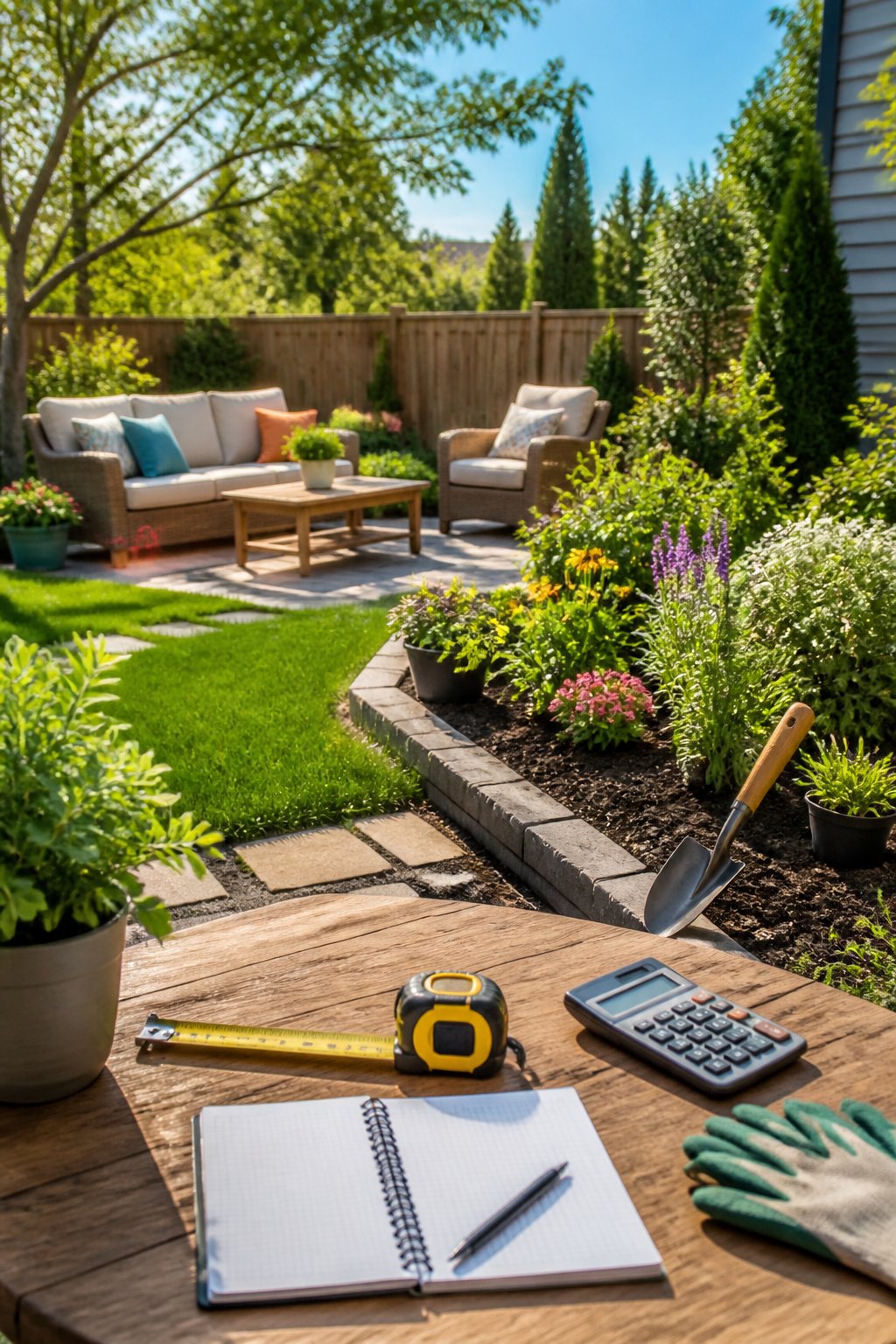 A sunny backyard with a patio, garden beds, and gardening tools arranged on a table, showing a space being planned for improvement.