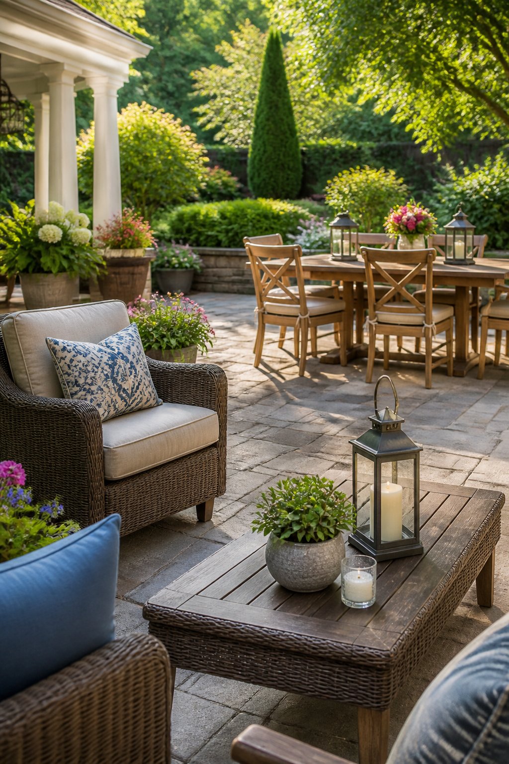 A spacious outdoor patio with comfortable furniture, plants, and flowers in a garden setting.