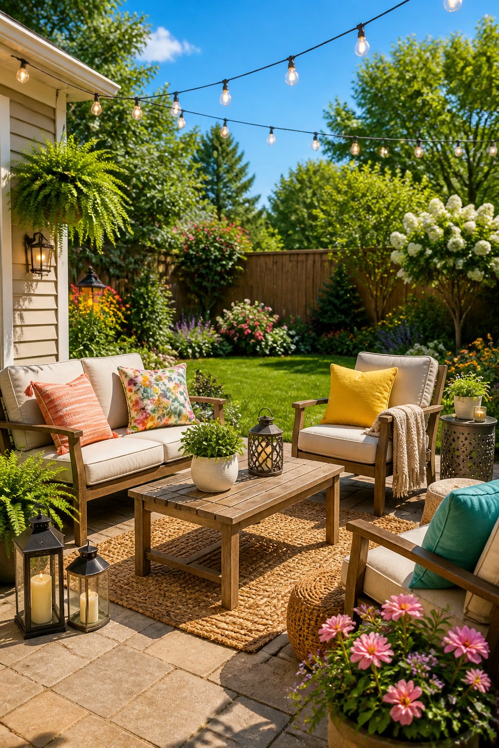 A cozy backyard patio with outdoor chairs, a small table, plants, and string lights on a sunny day.