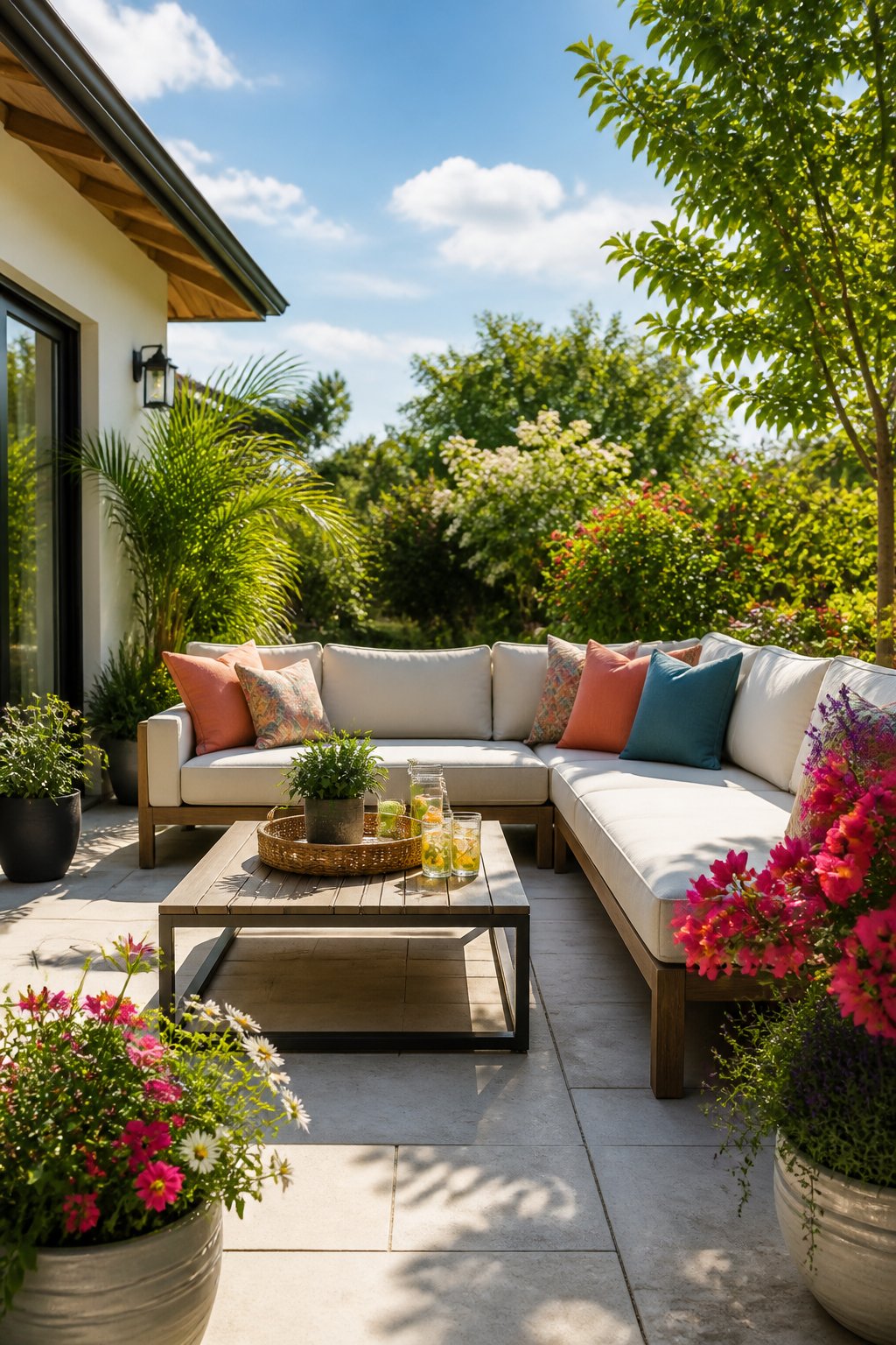 A summer patio with modern outdoor furniture including a sectional sofa, coffee table, and plants under a clear sky.