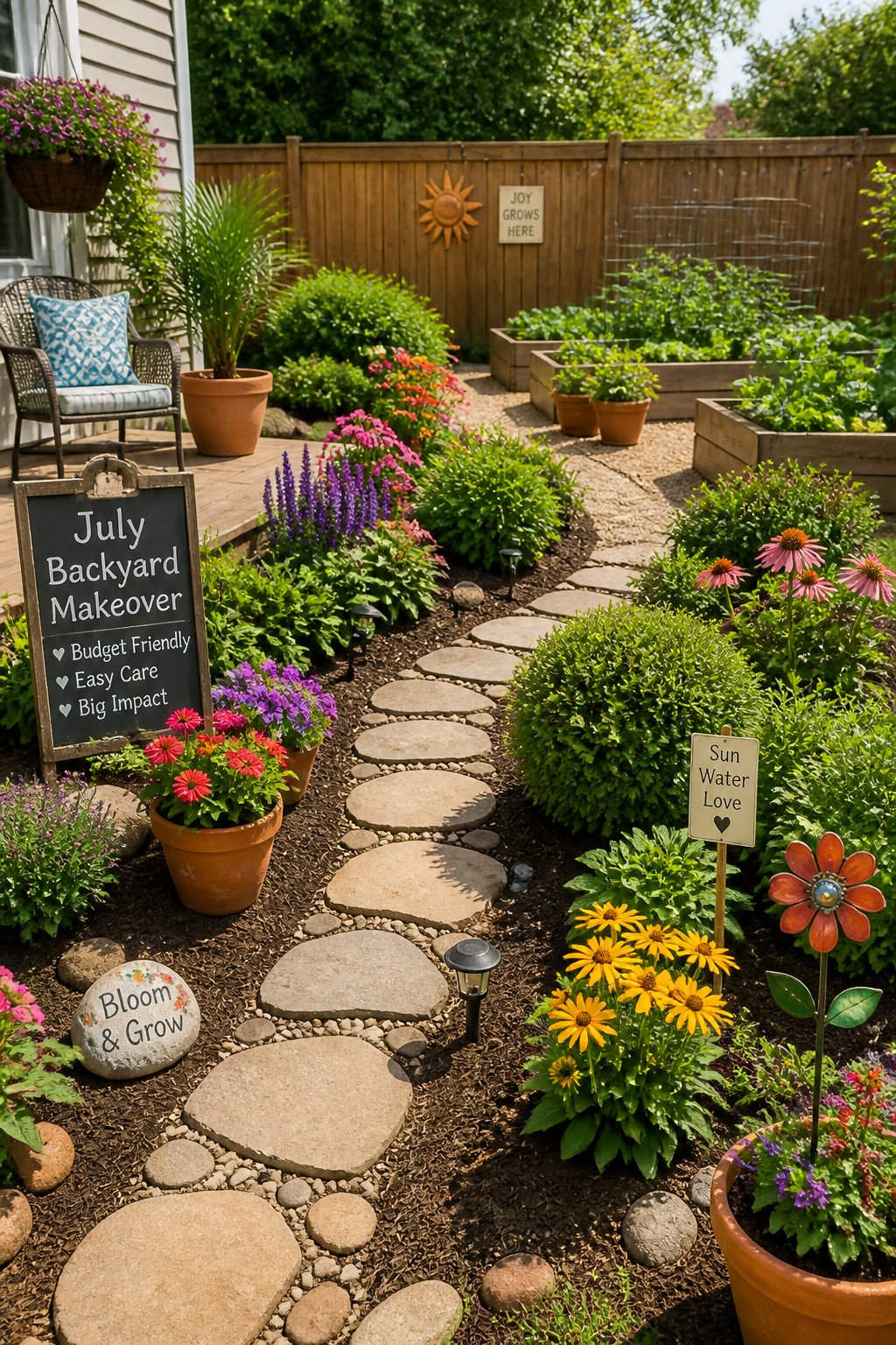 A backyard garden with colorful flowers, green shrubs, a stone pathway, a wooden fence, and a small vegetable garden under sunlight.