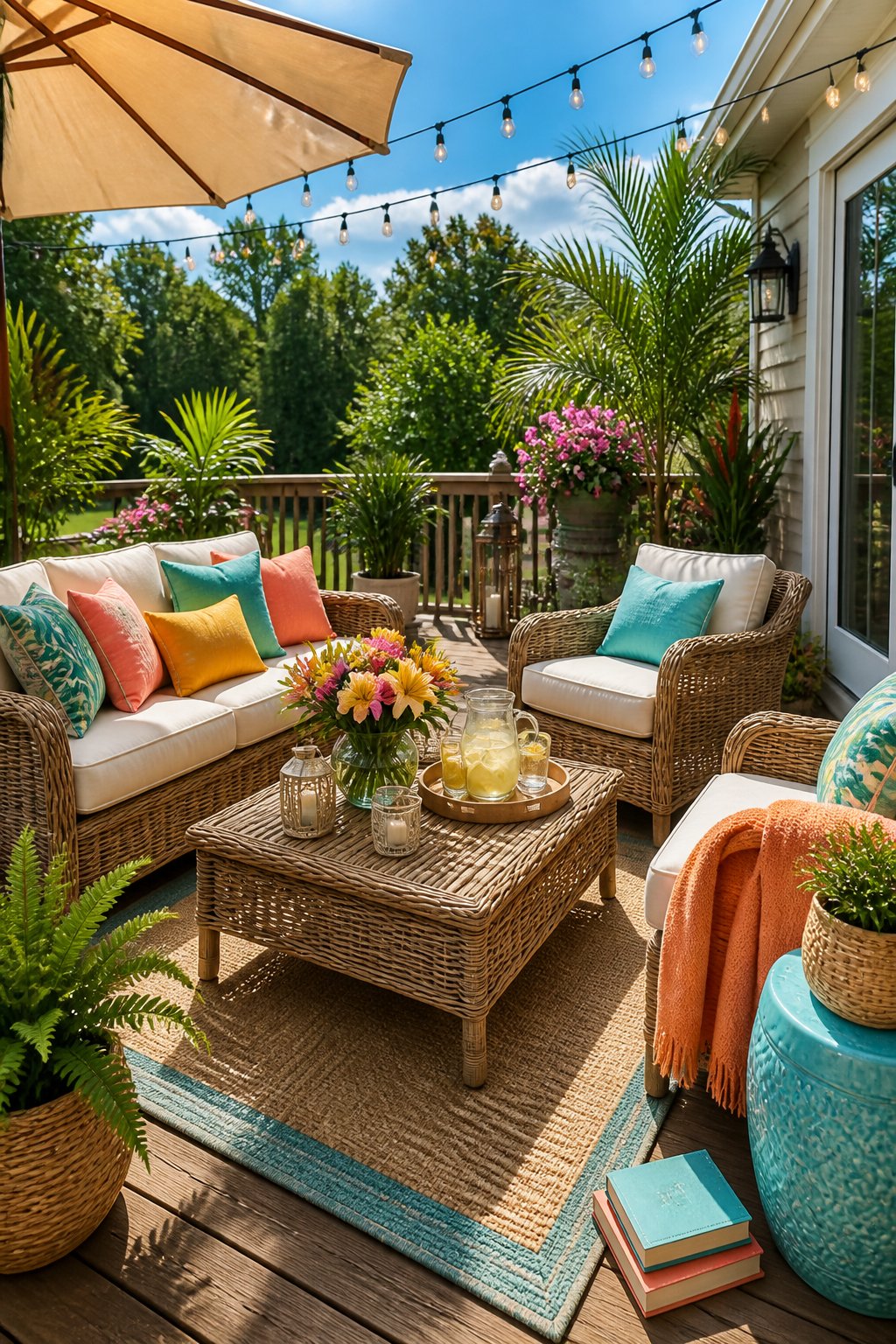 Outdoor patio with colorful cushions, rattan furniture, potted plants, and string lights on a sunny summer day.