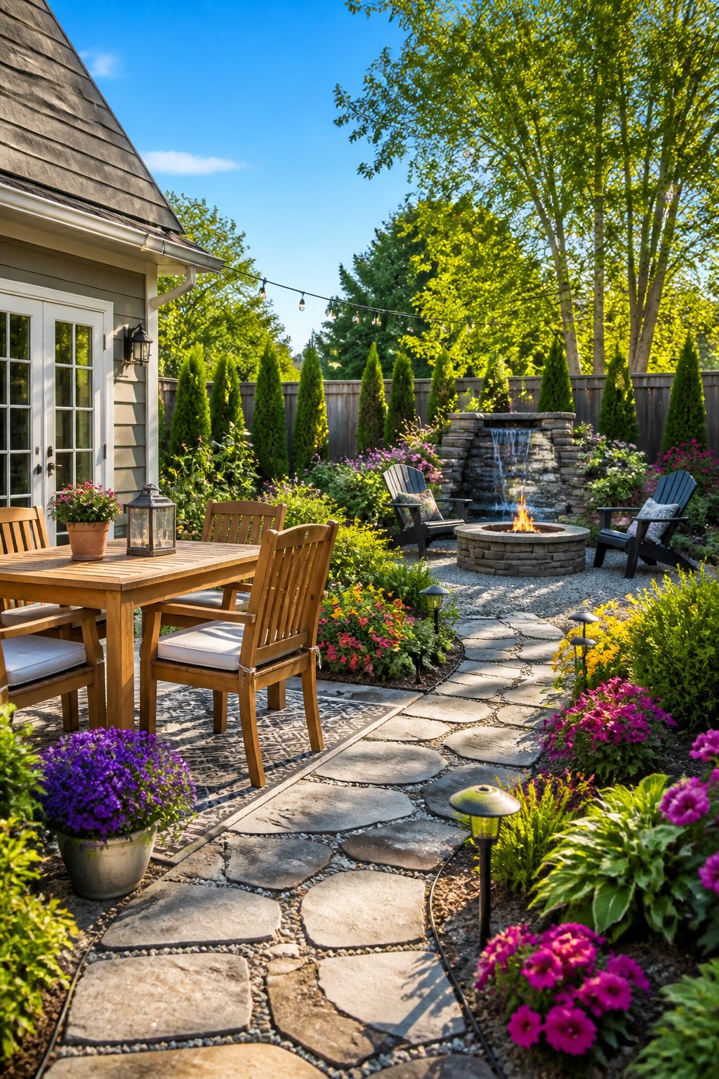 Backyard with a stone patio, garden pathways, outdoor furniture, and a decorative focal point surrounded by plants.