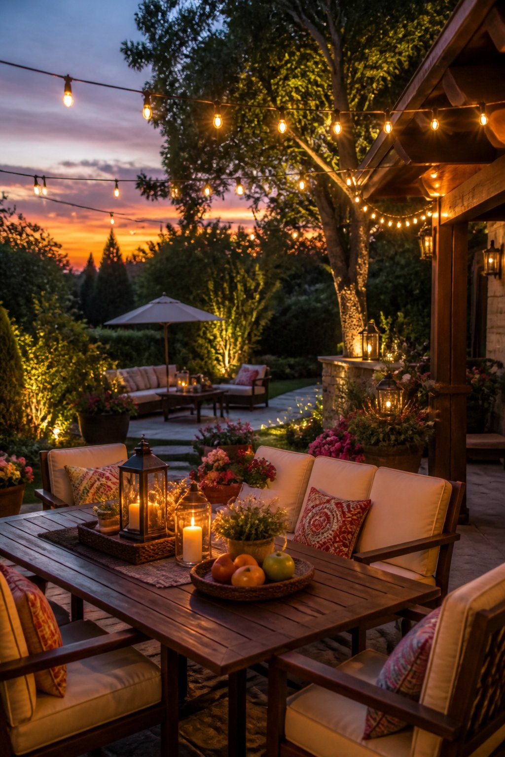 A summer patio at twilight with string lights, lanterns, plants, and comfortable seating creating a warm and inviting outdoor space.