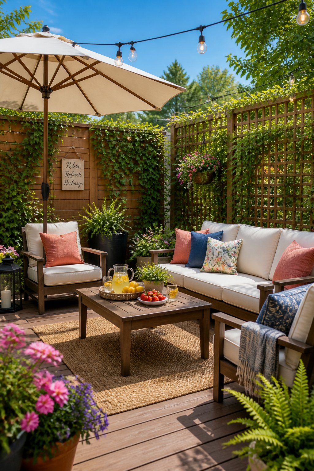 A summer patio with comfortable outdoor seating, privacy screens, plants, and a shaded area under an umbrella.