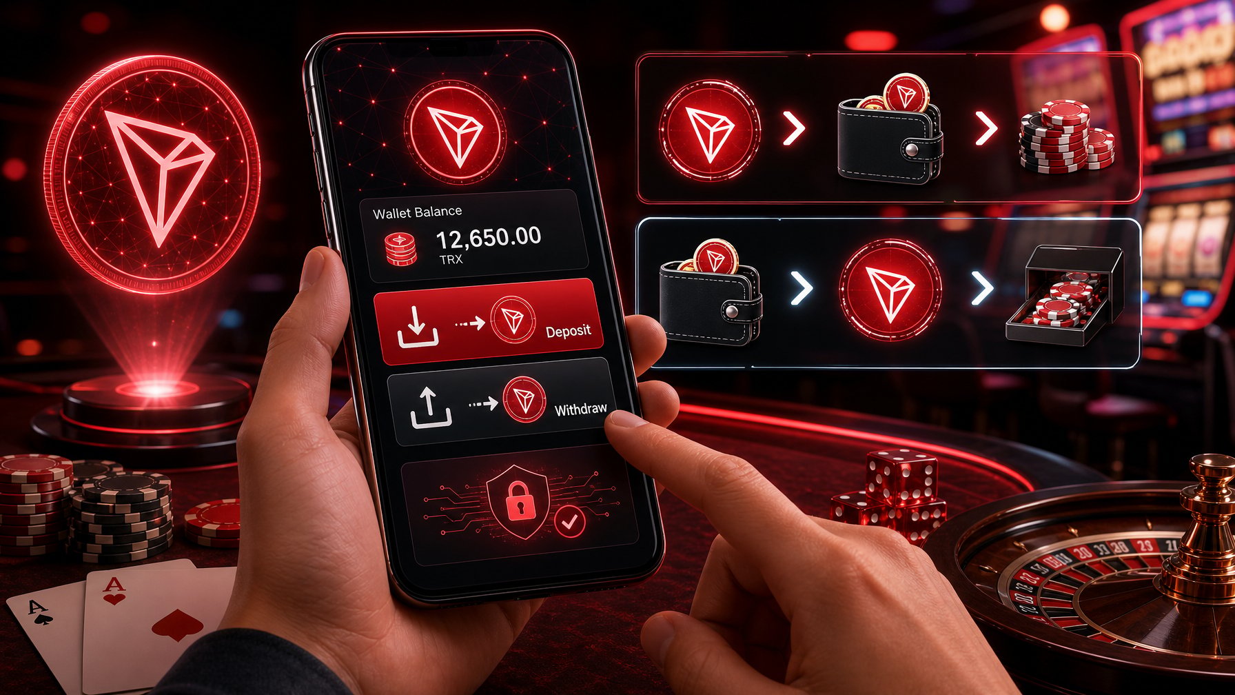A Person Using A Touchscreen Device To Manage Tron Cryptocurrency Deposits And Withdrawals In A Casino Setting With Digital Transaction Icons And Casino Elements In The Background.
