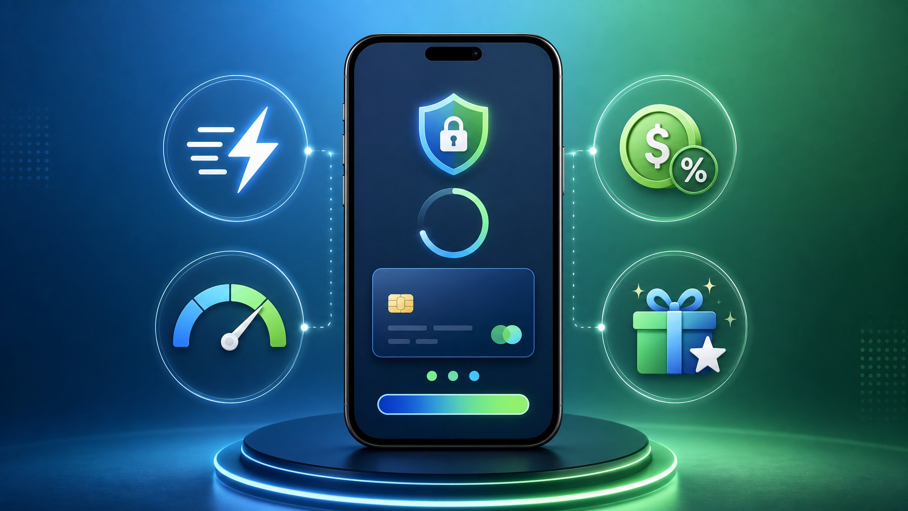 A Smartphone Showing A Secure Digital Payment With Icons Representing Speed, Fees, Limits, And Bonus Eligibility Around It.