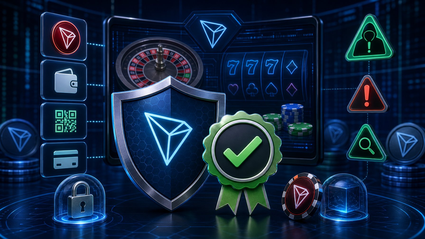 A Digital Scene Showing A Secure Casino Interface With Tron Cryptocurrency Symbols, A Shield For Safety, A Verified Badge For Licensing, And Caution Icons Representing Key Watchouts.