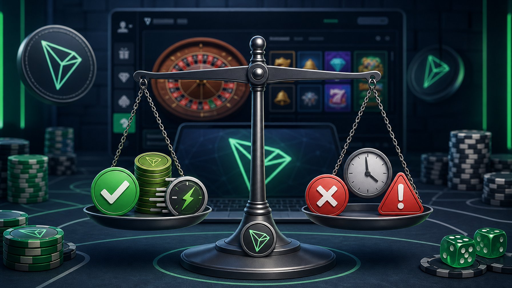 A Balanced Scale Showing Positive And Negative Icons Representing The Pros And Cons Of Tron Casino Payment Methods, With A Digital Casino Interface And Tron Symbols In The Background.