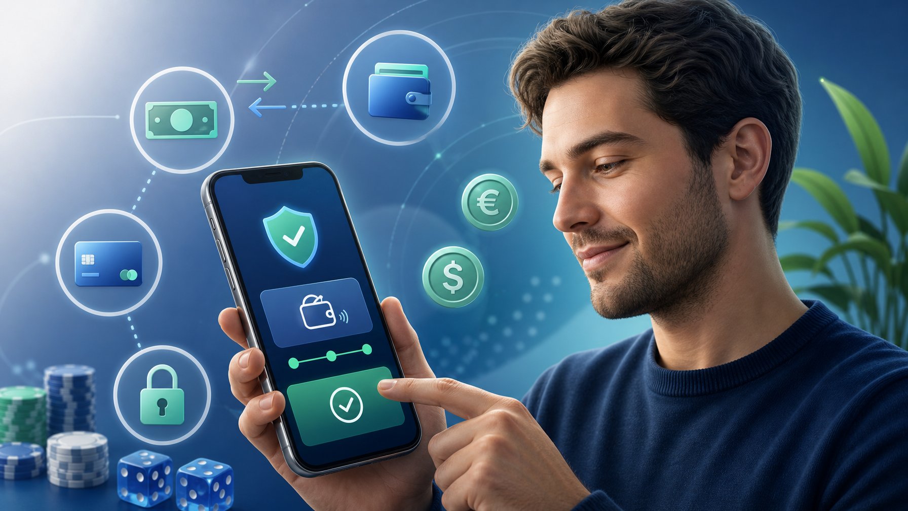A Person Using A Smartphone To Make A Secure Payment With Digital Icons Representing Money Transfer And Digital Wallets Around The Device.