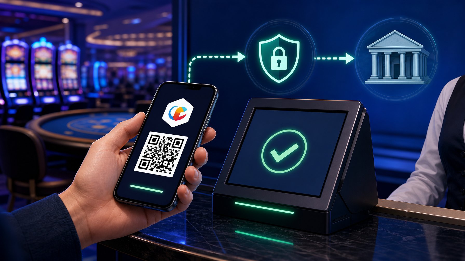 A Person Using A Smartphone To Make A Payment At A Casino Terminal With Icons Showing The Transaction Flow Between The Phone, Terminal, And Bank.