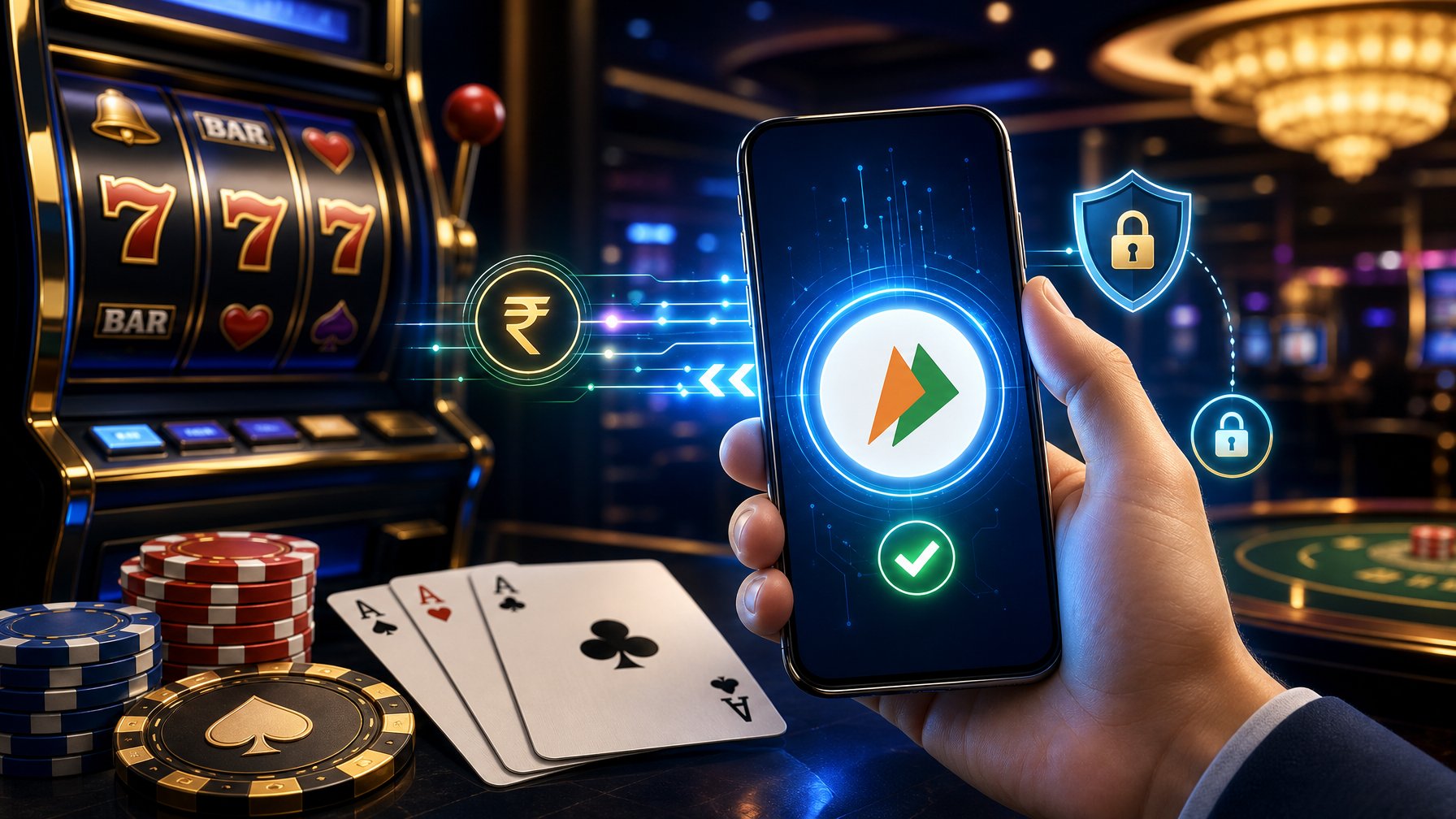 A Hand Holding A Smartphone Showing A Digital Payment App Near A Slot Machine With Casino Chips And Cards In The Background.