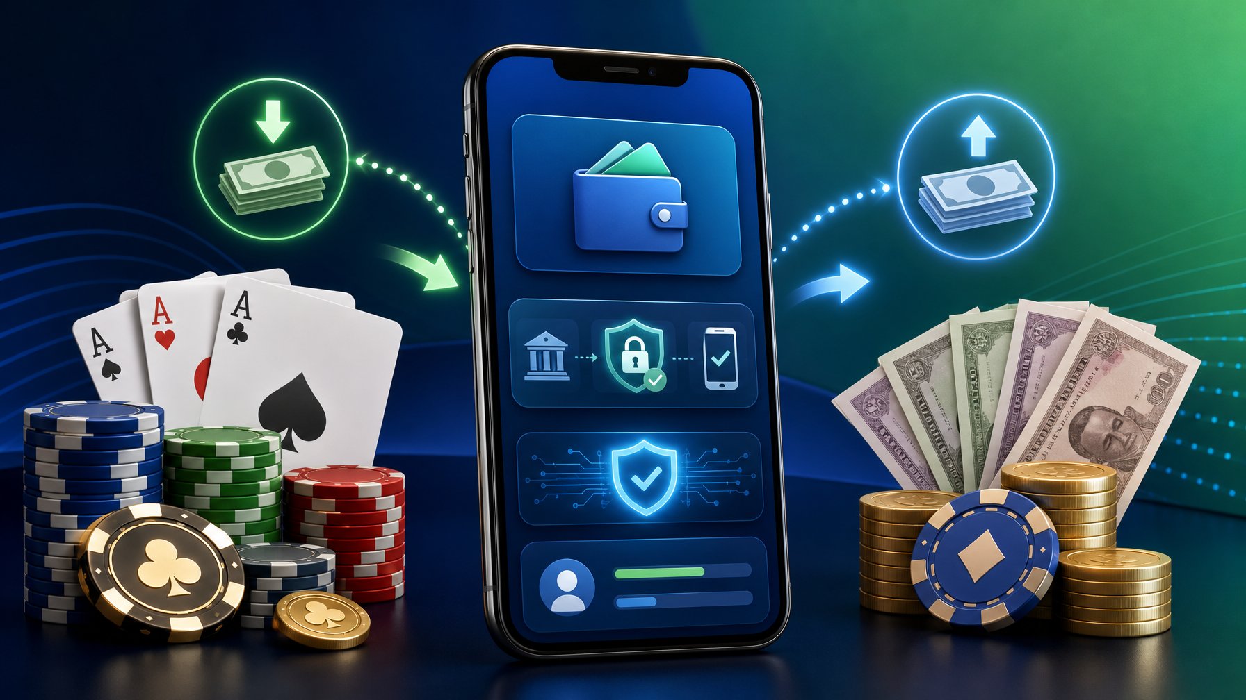 A Smartphone Displaying A Digital Wallet Interface With Icons For Money Transfer, Surrounded By Casino Chips And Playing Cards Representing Deposits And Cashouts.