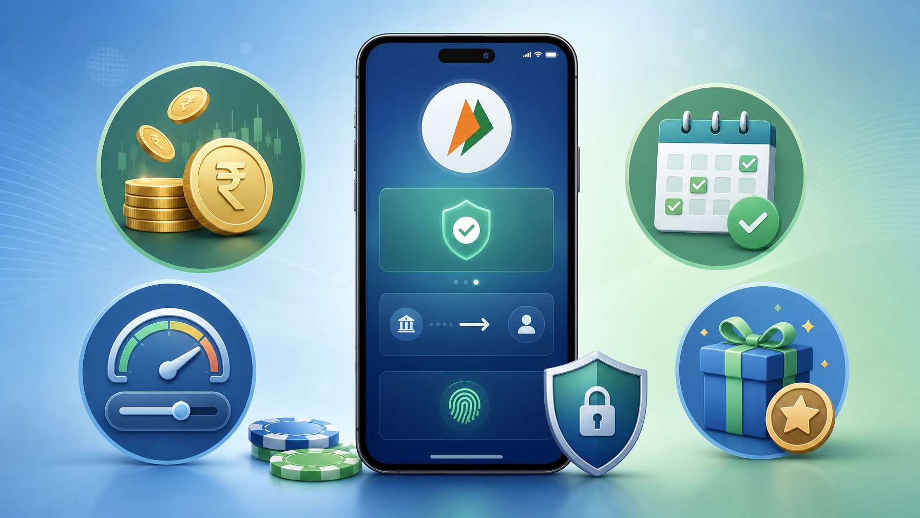 A Smartphone Showing A Digital Wallet With Upi Payment Icons Surrounded By Symbols Representing Costs, Limits, Availability, And Bonuses.