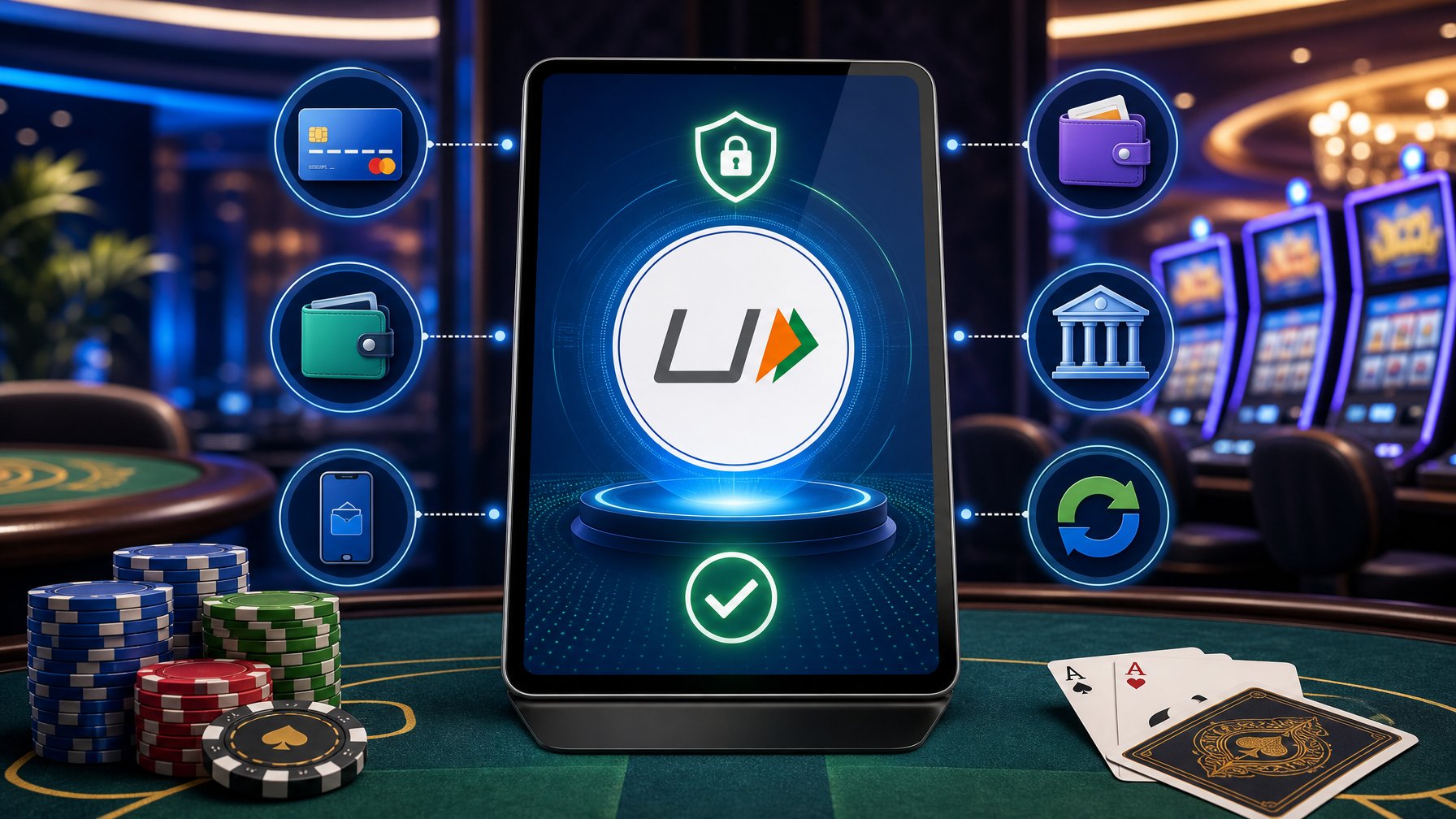 A Digital Device Showing The Upi Payment Logo Surrounded By Icons Of Other Casino Payment Methods With Casino Elements Like Poker Chips And Cards In The Background.