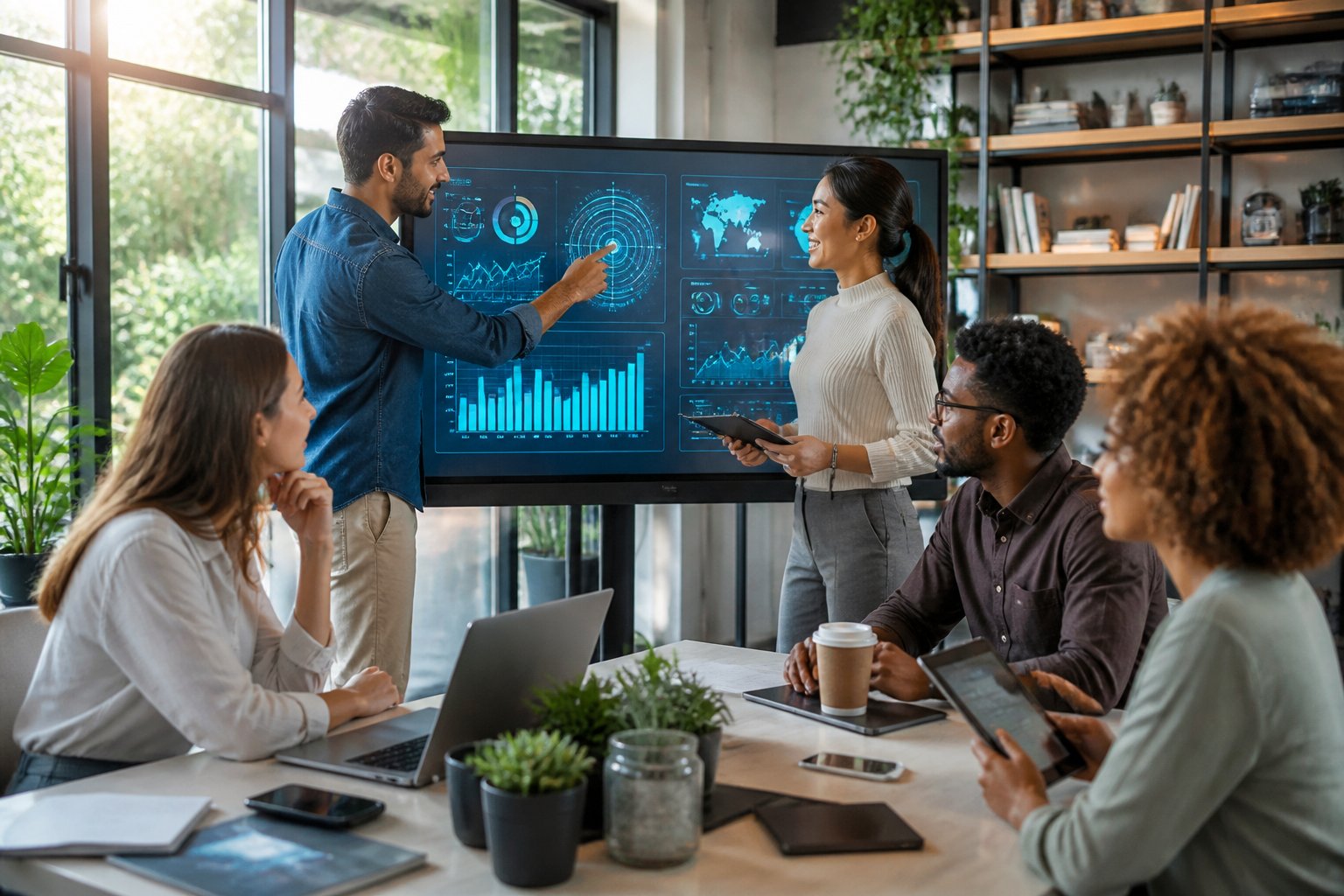 Business professionals collaborating around a digital touchscreen in a modern office, using technology to analyze data.