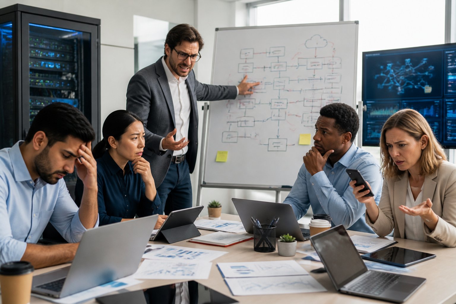 A group of business professionals in a modern office discussing technology challenges around a table with laptops and charts.