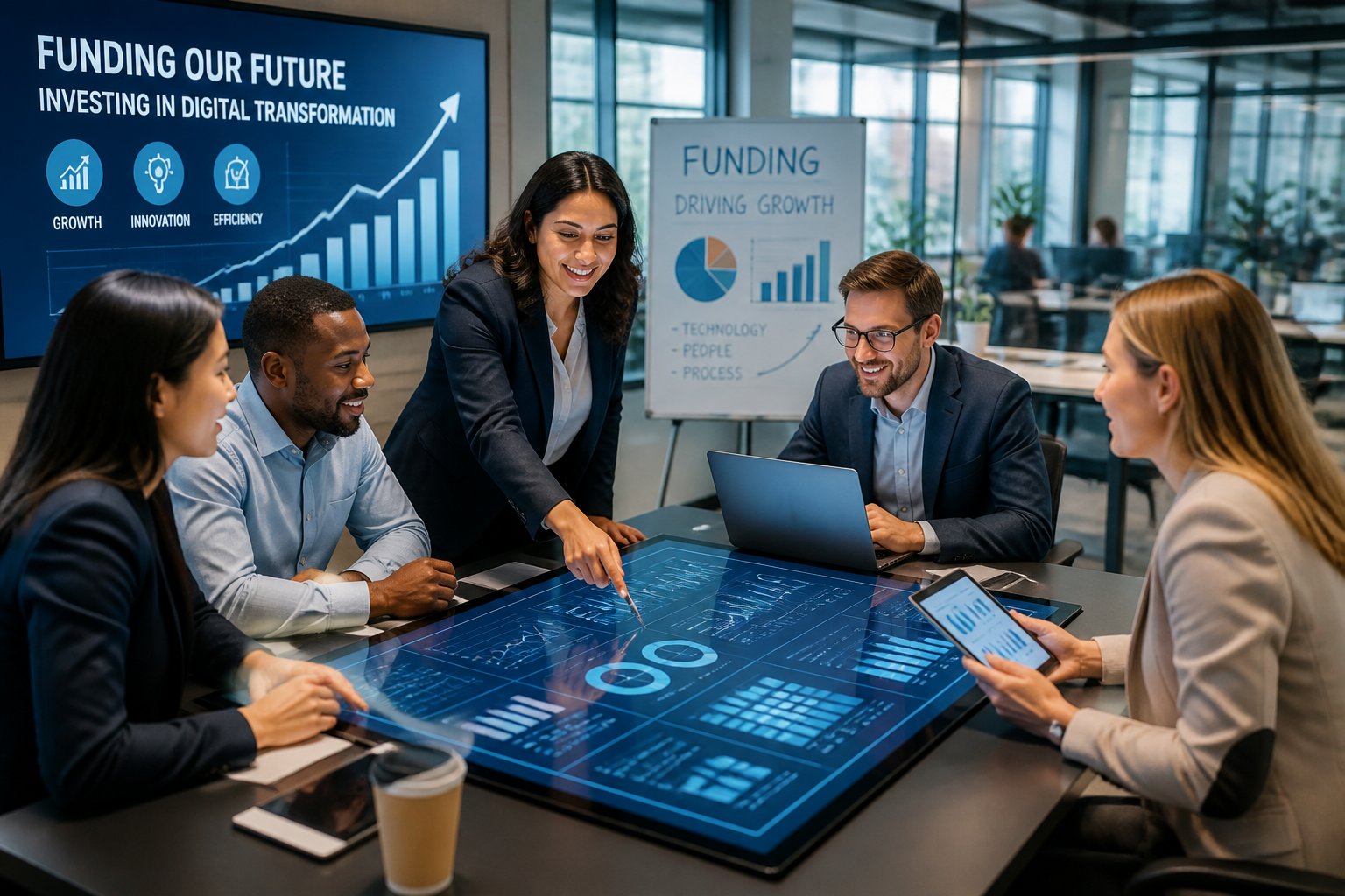 Business professionals collaborating around a digital touchscreen table in a modern office with laptops and tablets.