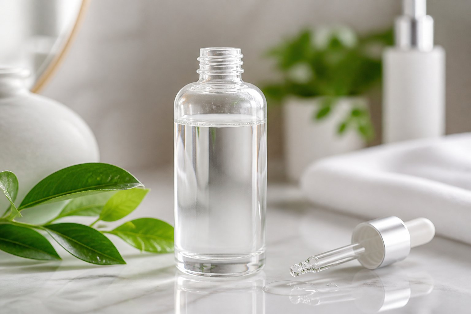 A clear glass bottle of skincare toner on a white marble surface with green leaves and a dropper releasing drops of liquid.