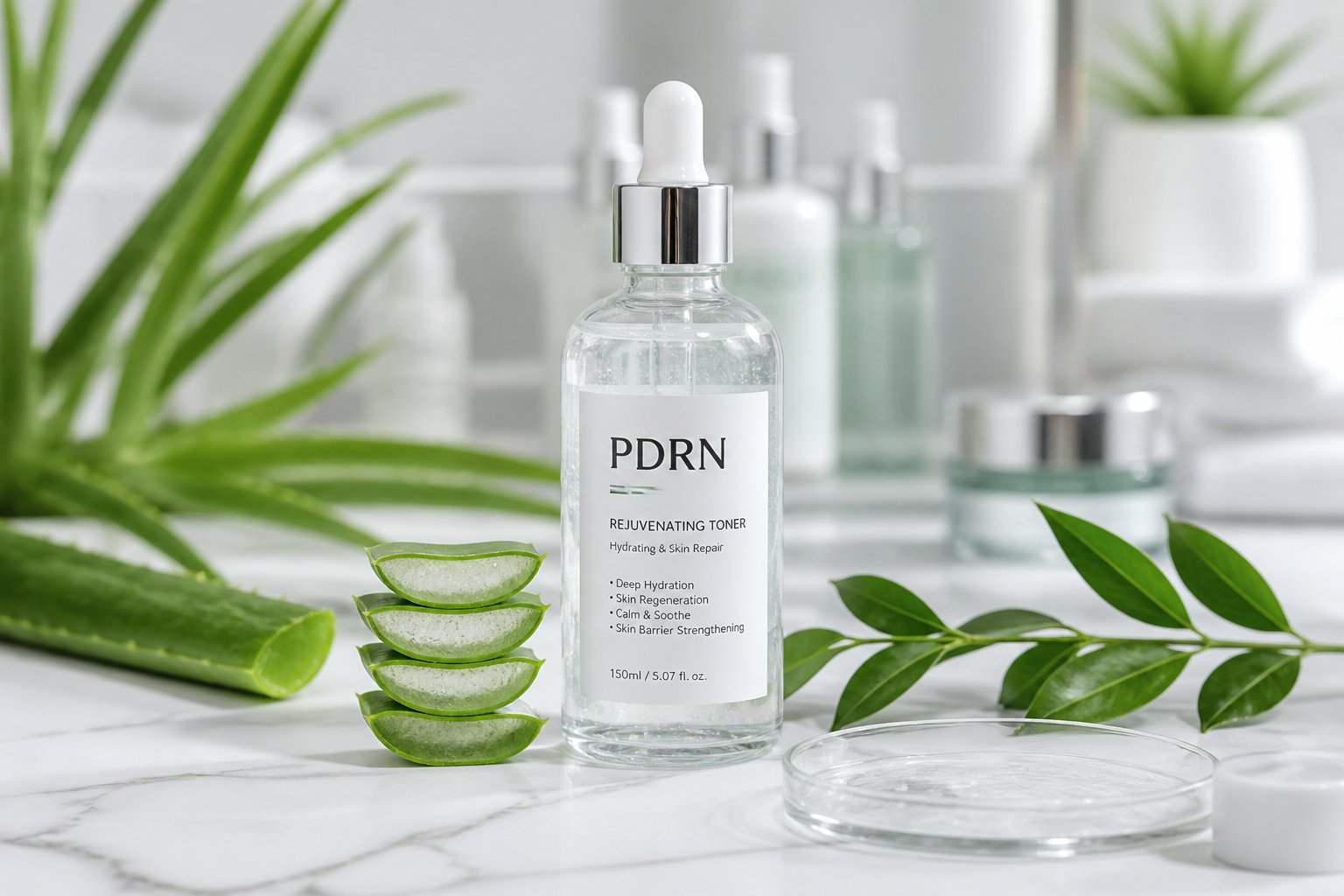 A clear glass bottle of skincare toner with a dropper, surrounded by green leaves and aloe vera on a white marble surface in a bright, clean skincare setting.