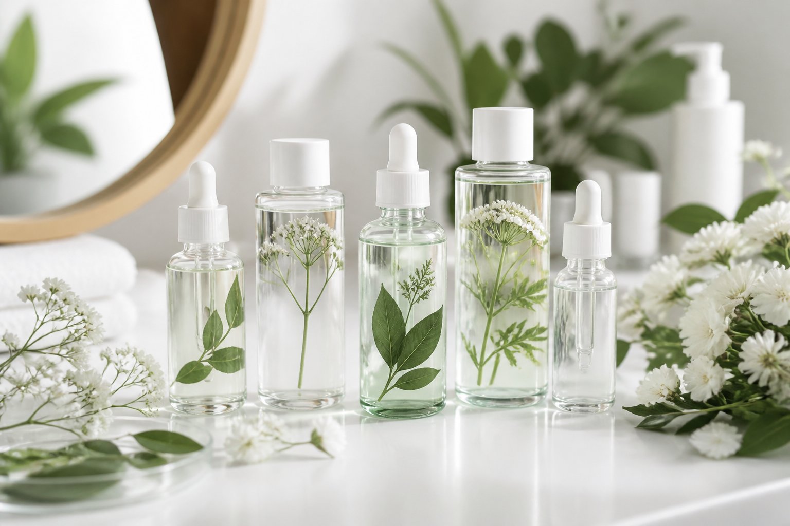 A clean countertop with glass bottles of skincare toner surrounded by green leaves and white flowers.