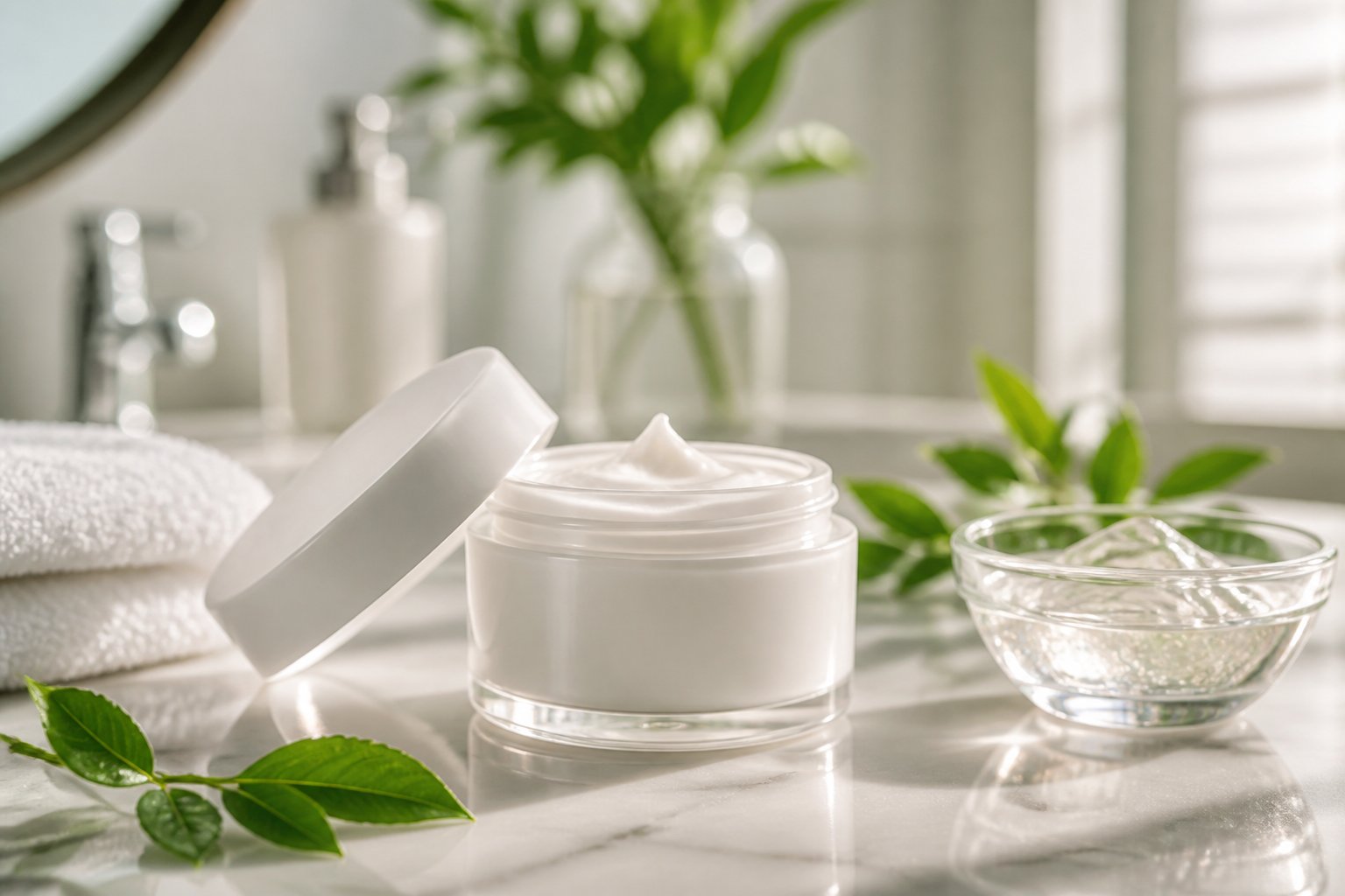 A jar of cream open on a marble countertop with green leaves and a white towel nearby in a bathroom setting.
