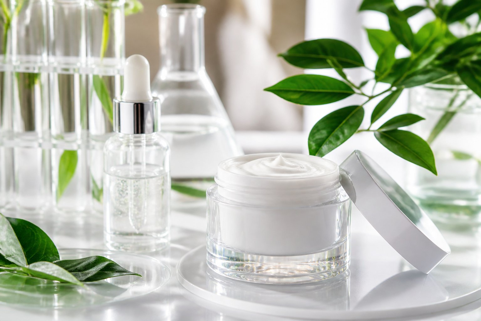 A jar of skincare cream on a vanity surrounded by green leaves and scientific glassware in a bright, clean setting.