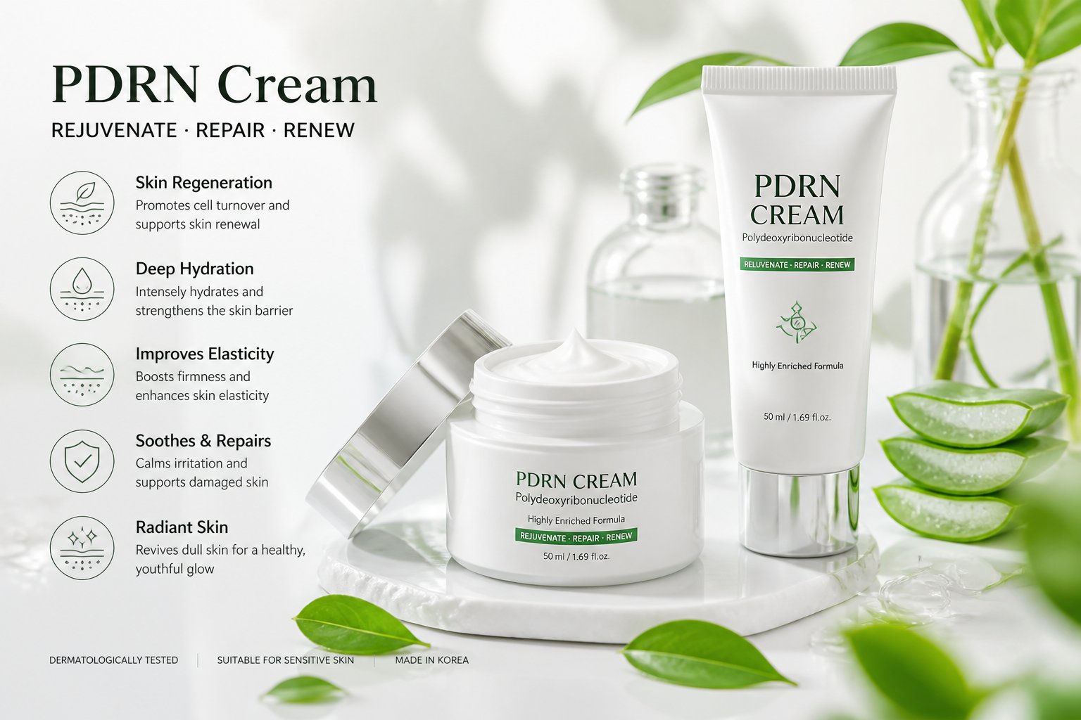 A close-up of PDRN cream containers surrounded by green leaves and water droplets on a white surface.