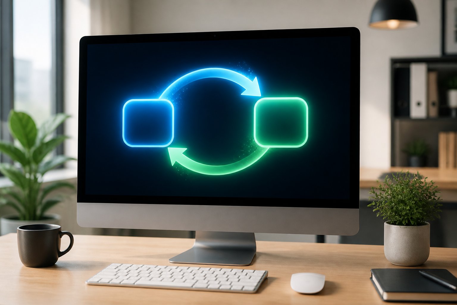 Ein moderner Computerarbeitsplatz mit einem Monitor, der abstrakte Pfeile zeigt, die eine Weiterleitung symbolisieren.