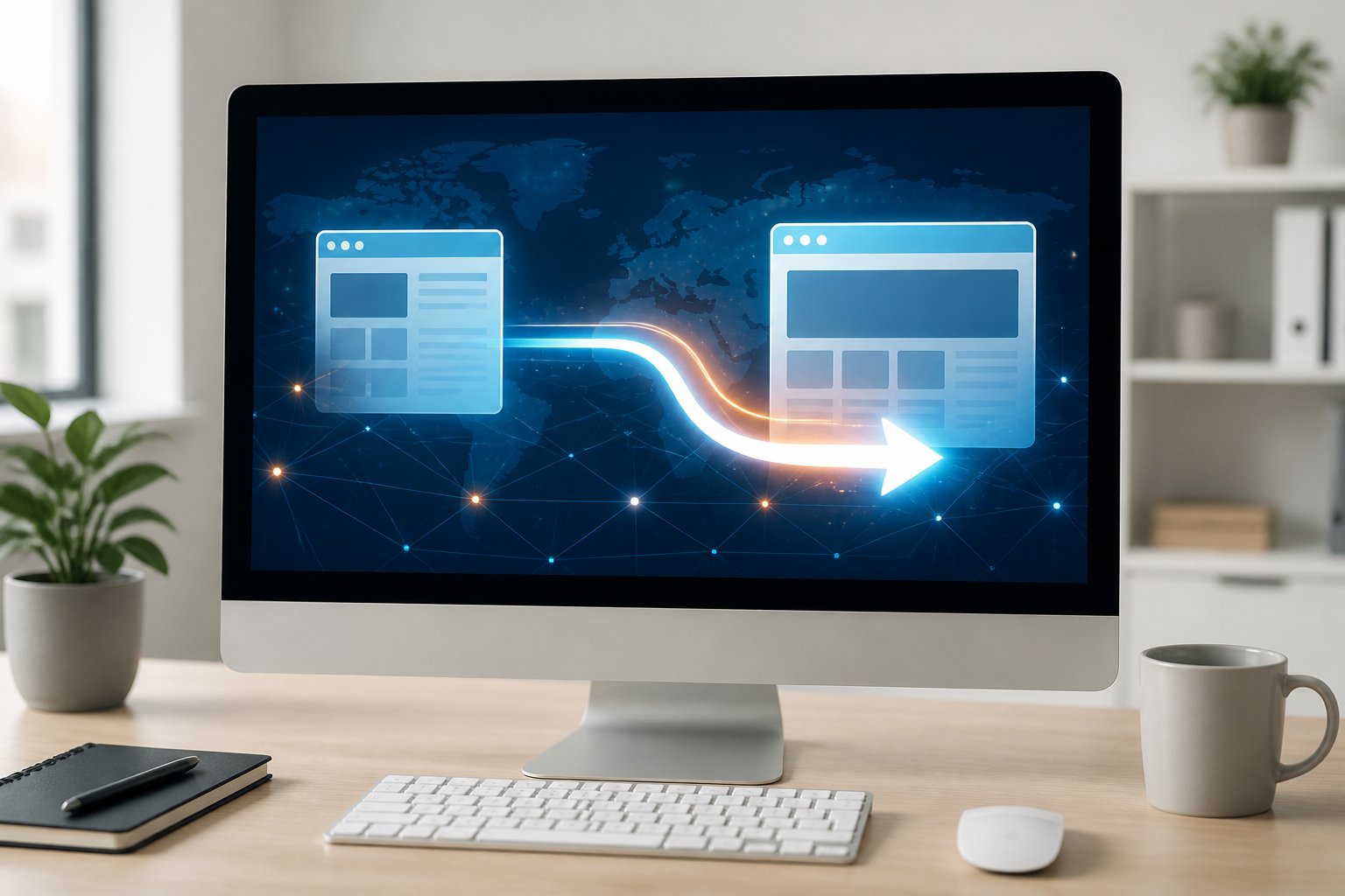 Ein moderner Arbeitsplatz mit einem Computerbildschirm, der den Ablauf einer Website-Weiterleitung zeigt.