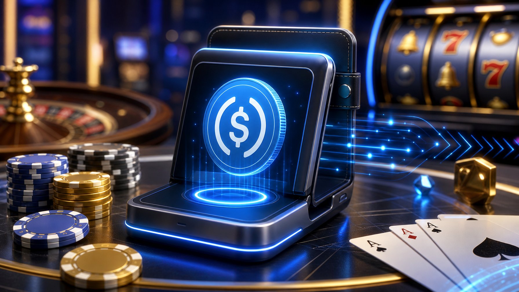 A Digital Payment Terminal Displaying The Usd Coin Symbol With Casino Elements Like Poker Chips And Playing Cards Around It.