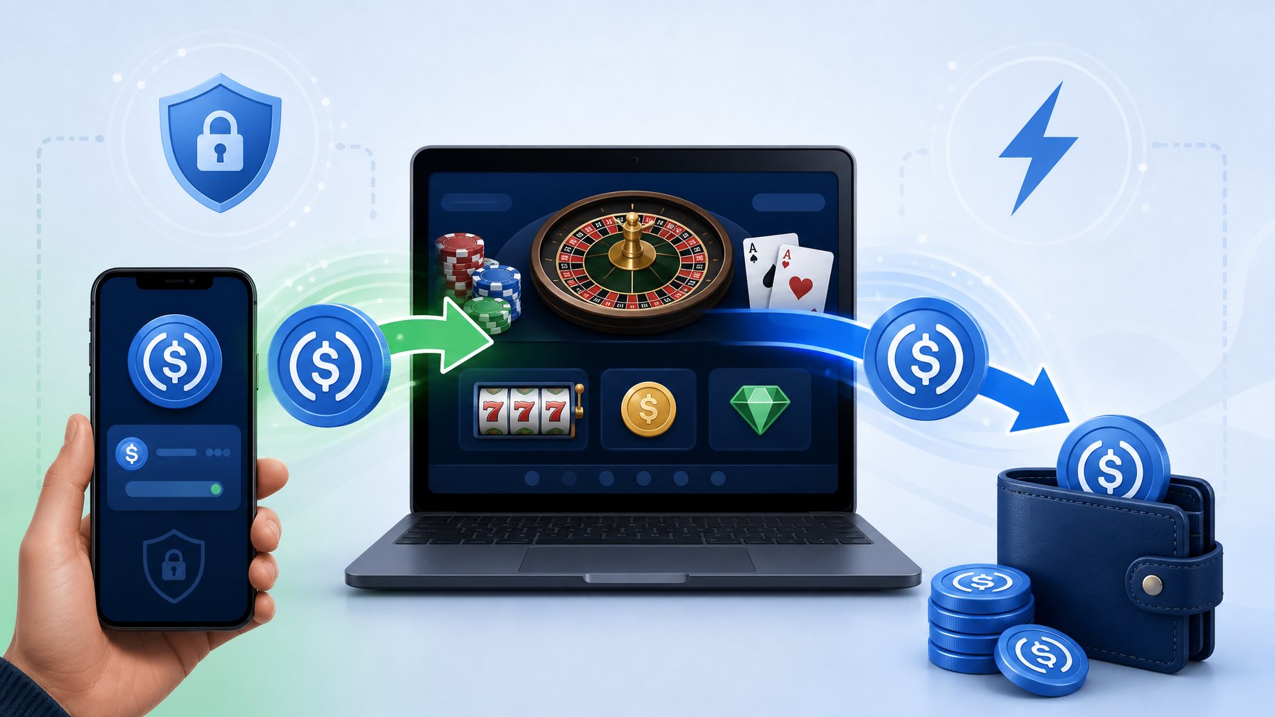 A Person Using A Laptop Or Smartphone To Deposit And Withdraw Usd Coin At An Online Casino, With Digital Coins And Arrows Showing Money Flow Between A Digital Wallet And The Casino Platform.