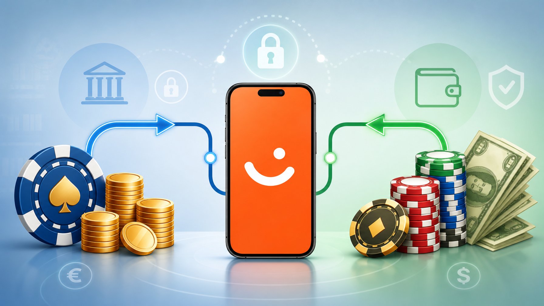 Illustration Showing A Smartphone Connected To Casino Chips And Coins, Representing Deposits And Cashouts Using The Vipps Payment Method.