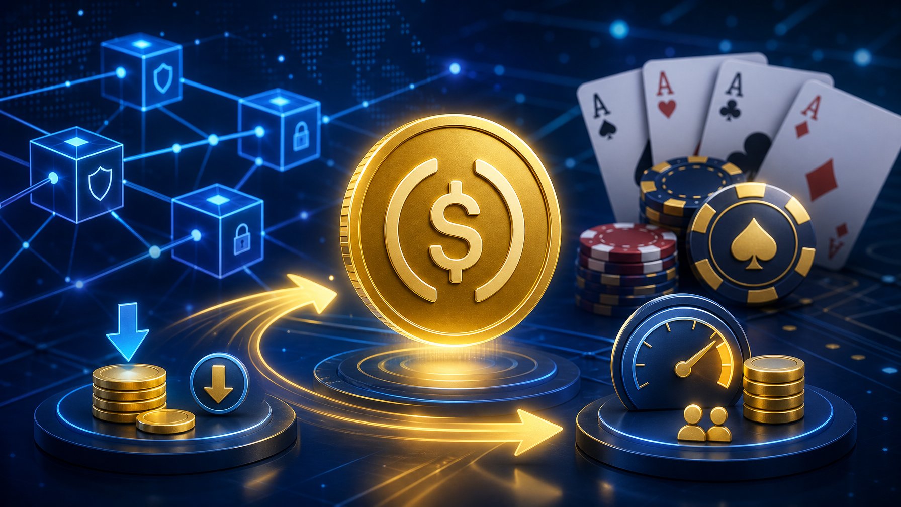 A Digital Scene Showing A Glowing Usd Coin Surrounded By Blockchain Nodes, Arrows Indicating Fast Transactions, And Casino Elements Like Poker Chips And Playing Cards Around It.