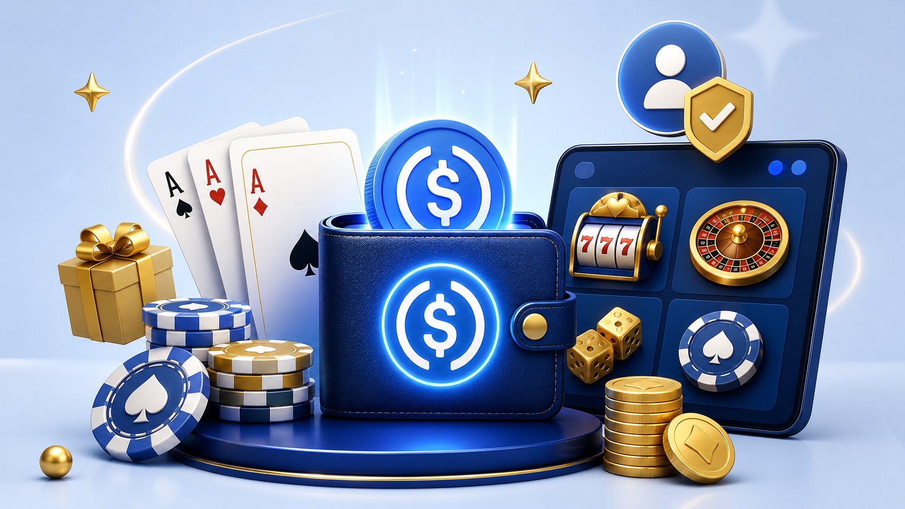 Digital Wallet Showing A Glowing Usd Coin Surrounded By Casino Chips, Playing Cards, And Game Icons, With Symbols Indicating User Eligibility And Access.