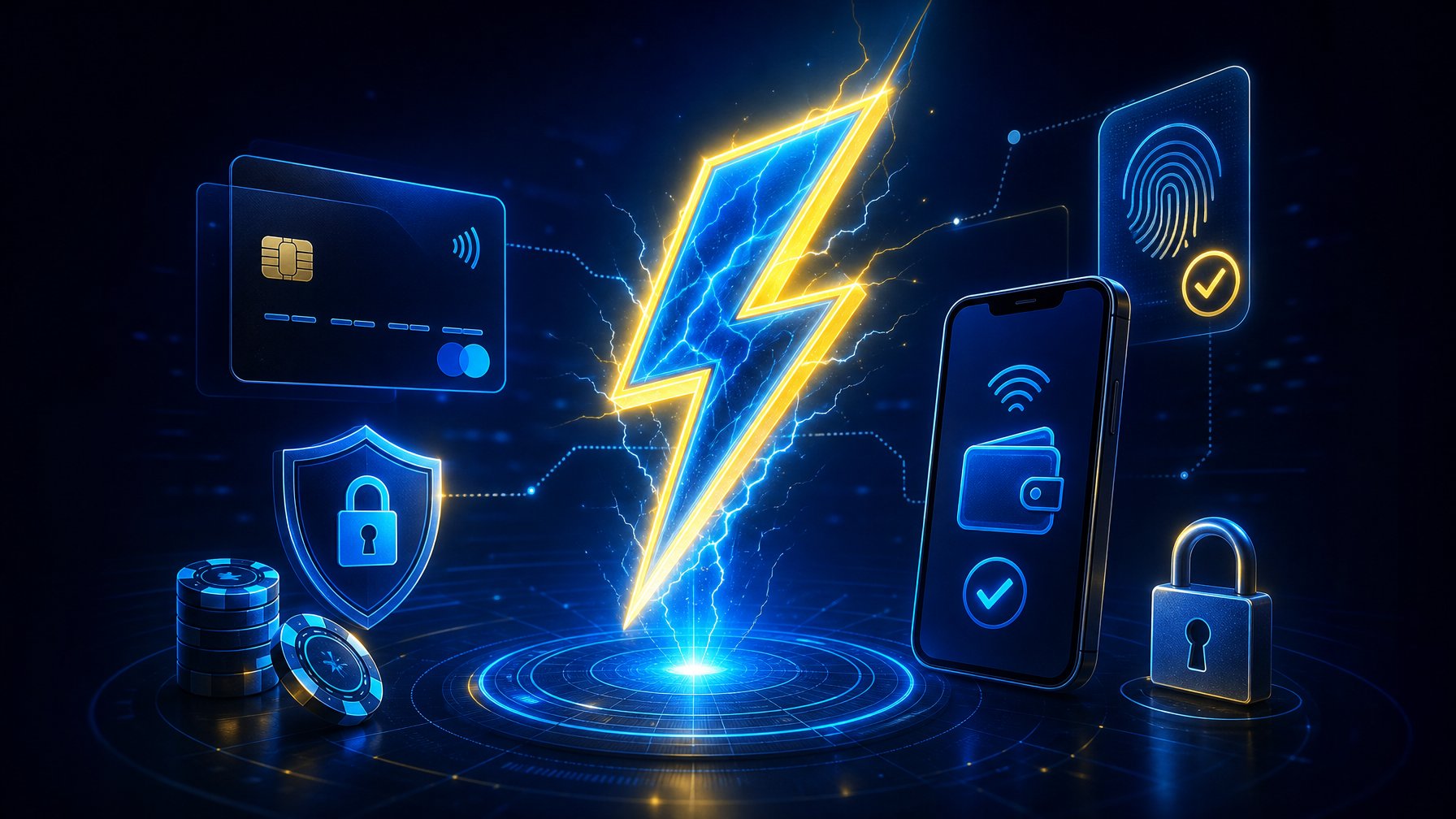 An Illustration Showing A Glowing Electric Bolt Surrounded By Digital Payment Icons And Security Symbols On A Dark Background.
