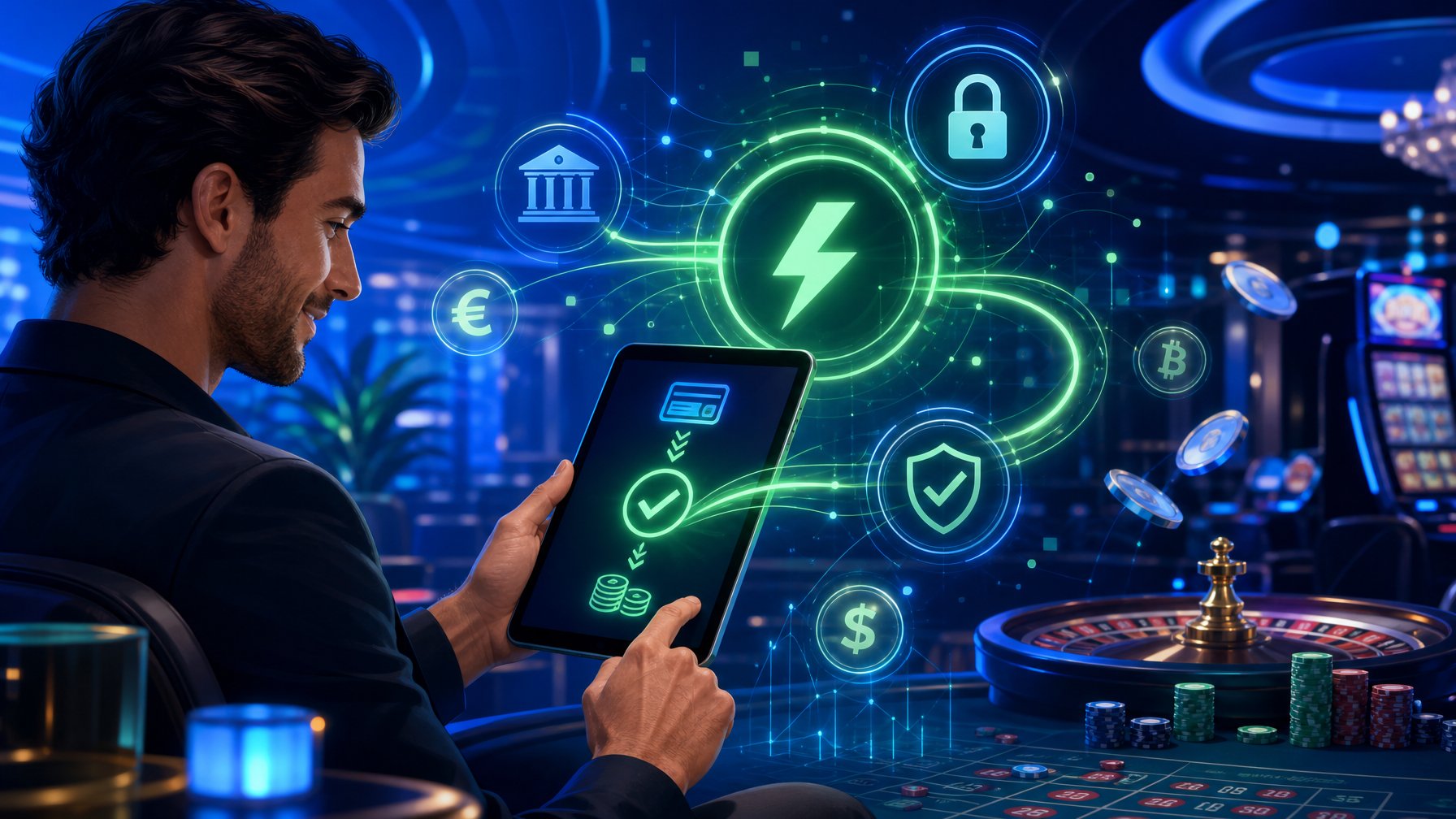 A Person Using A Mobile Device To Make A Secure Payment In A Modern Casino Setting With Digital Currency And Payment Symbols Around Them.