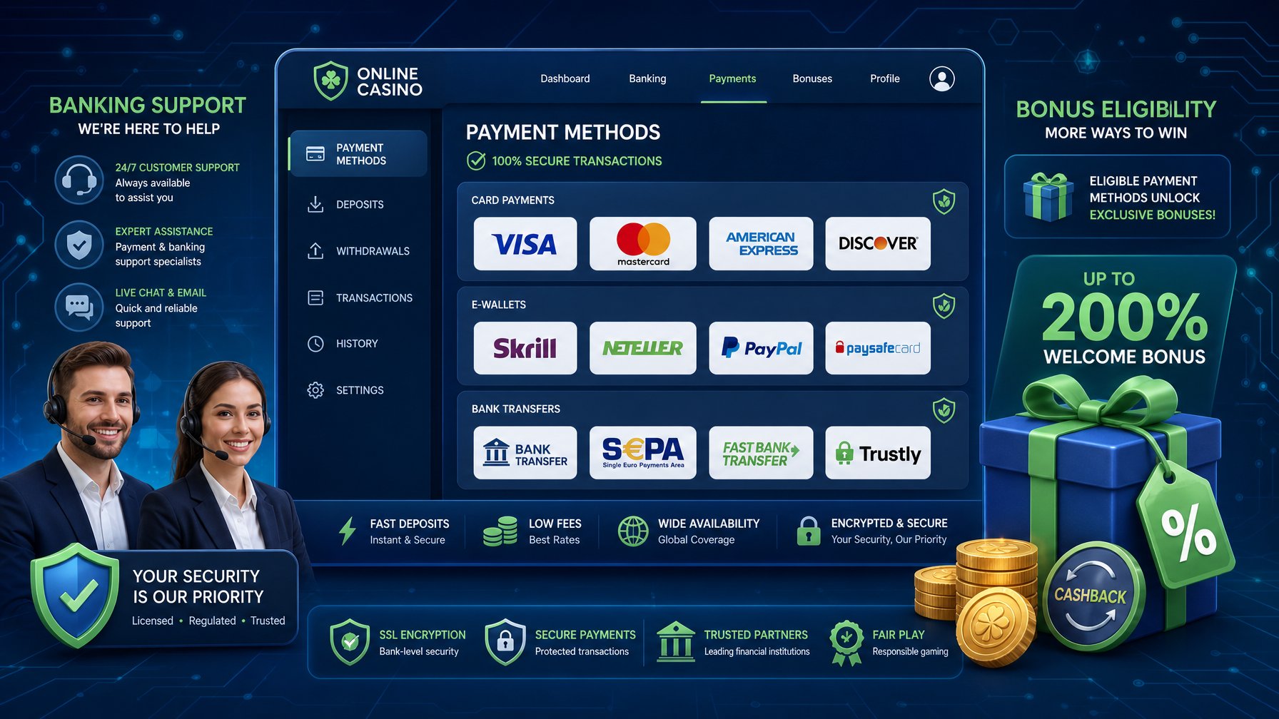 A Digital Payment Dashboard Surrounded By Customer Support Agents And Symbols Of Secure Transactions And Bonuses.