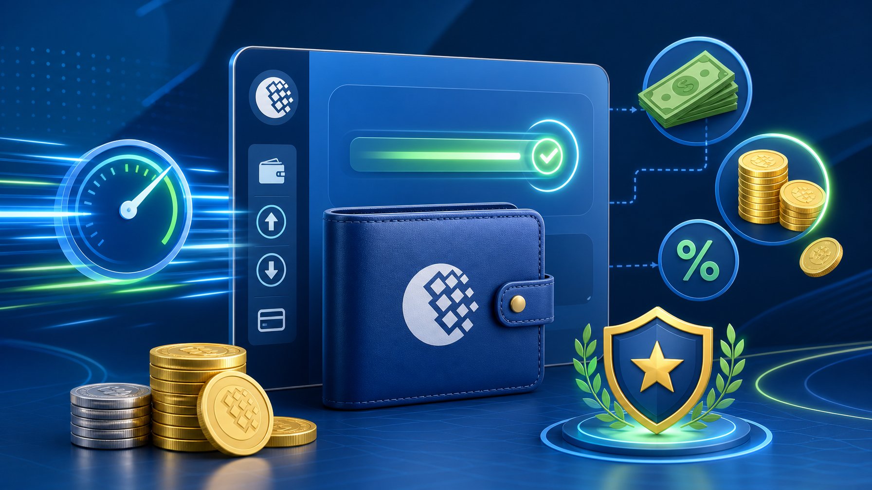Digital Wallet Interface Showing A Fast Transaction With Icons Representing Money, Fees, Limits, And A Bonus Badge On A Modern Abstract Background.