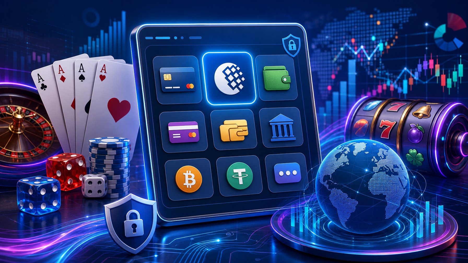 A Digital Interface Showing Various Payment Icons And Casino Game Symbols Like Cards And Dice, Representing Online Casino Payments And Market Availability.