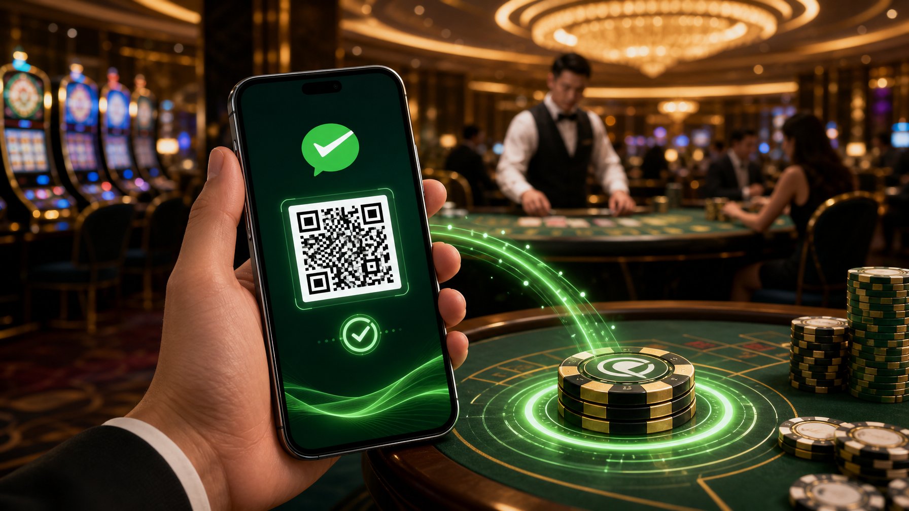 A Hand Holding A Smartphone Displaying A Digital Payment Screen With A Qr Code, Connected Visually To Casino Chips On A Gaming Table In The Background.