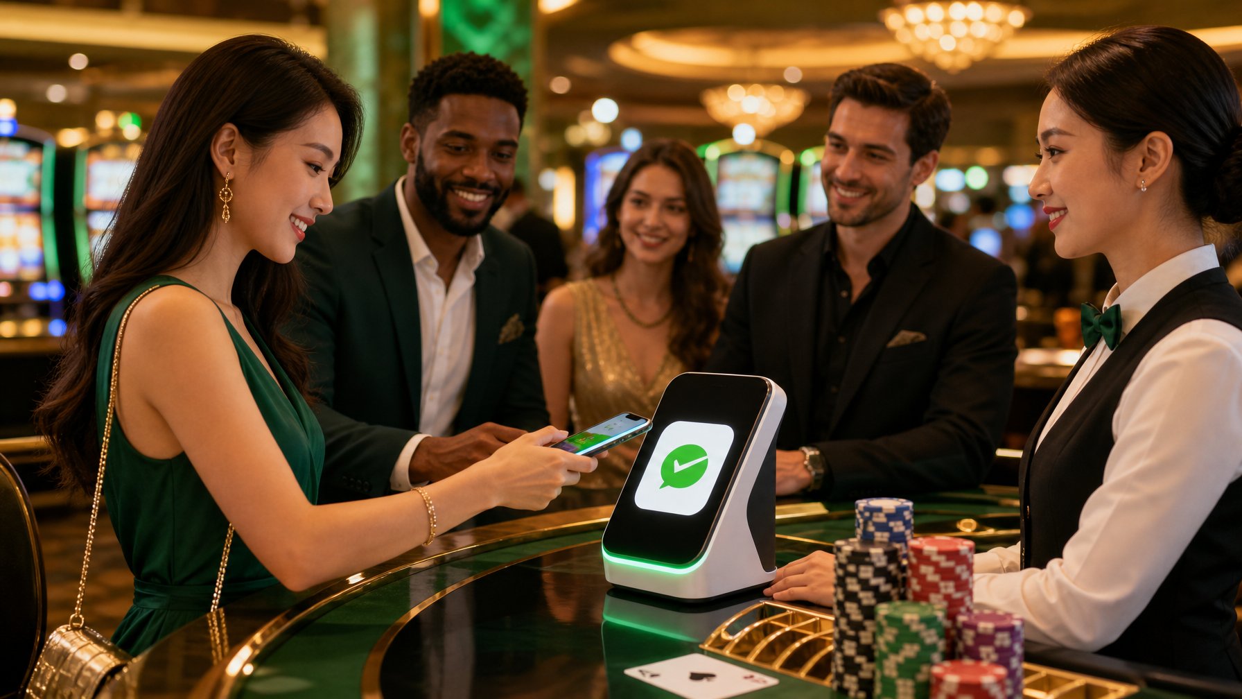 People Using A Digital Payment Terminal With Wechat Pay Logo In A Casino Environment With Poker Chips And Slot Machines Around.