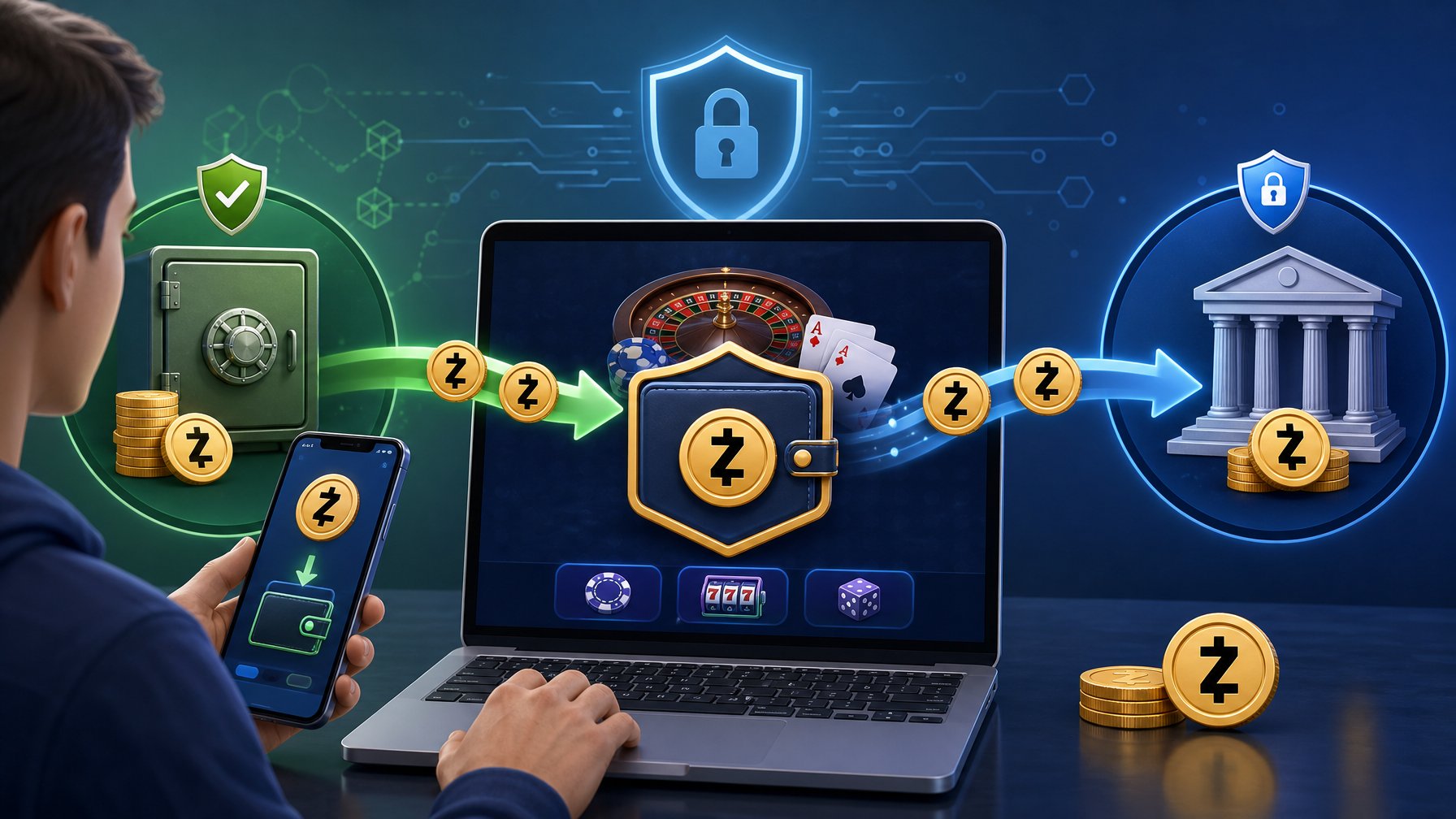 A Person Using A Laptop Or Smartphone With Digital Coins Moving Into And Out Of A Digital Wallet, Representing Deposits And Withdrawals In A Zcash Casino Payment System.